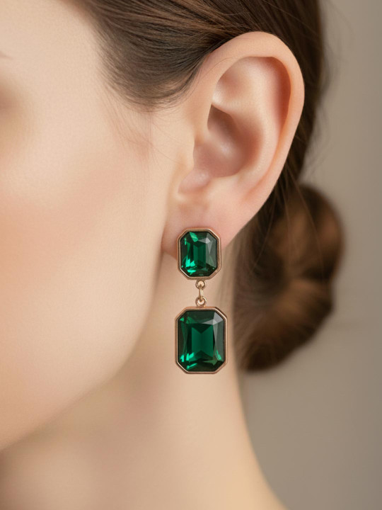 QUERALT Stainless Steel Emerald Studded Square Shaped Drop Earrings