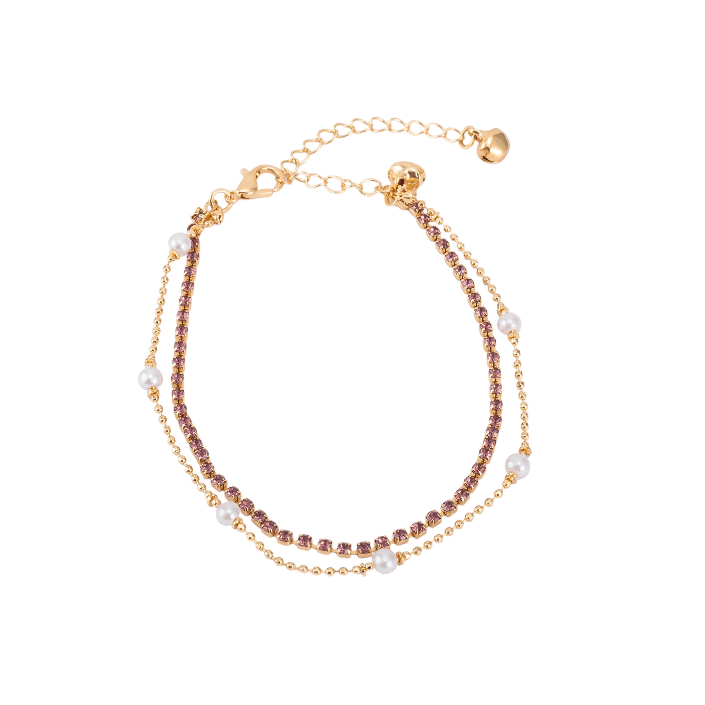 Premium Double Layer Crystal Stone & Pearl Bracelet - Adjustable Gold Tone Musical Chiming Layered Bracelet for Women