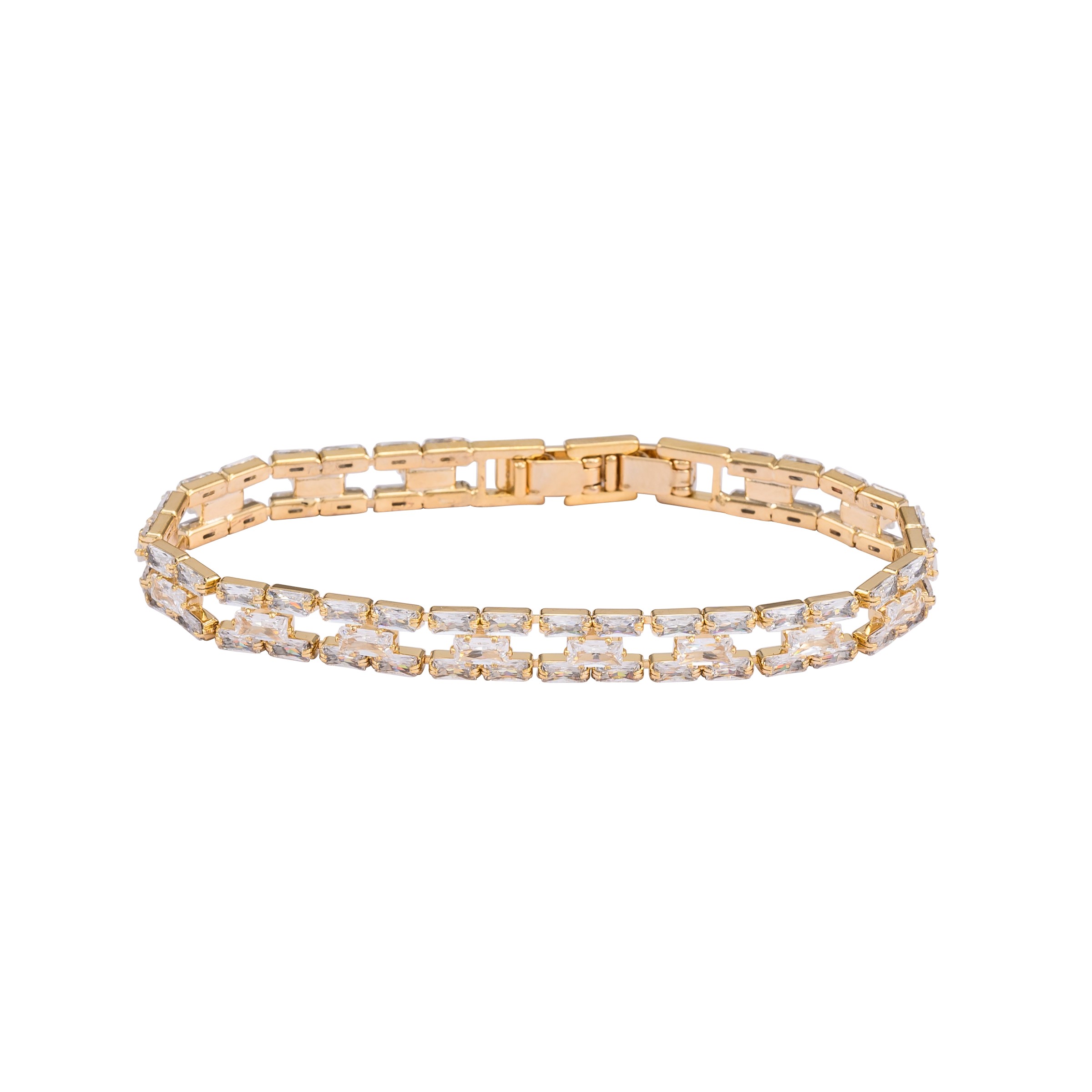 Premium Double Row Baguette American Diamond Link Bracelet for Women - Elegant Geometric AD Stone Kada Bangle with Fold-Over Double Clasp