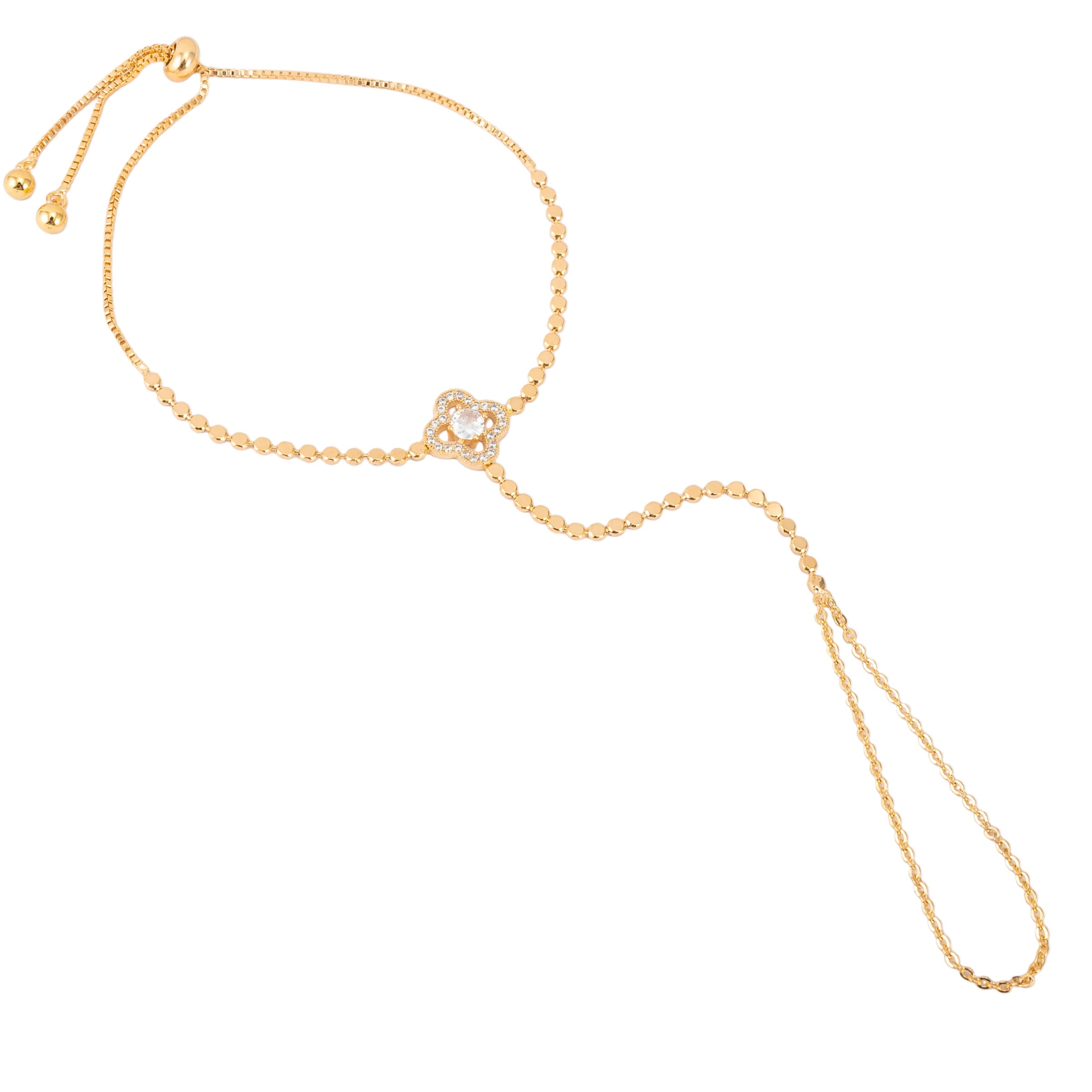 Premium Gold Tone American Diamond Ring Bracelet for Women - Adjustable Clover Charm Hand Harness Hathphool Minimalist AD Stone Multi-Finger Bracelet