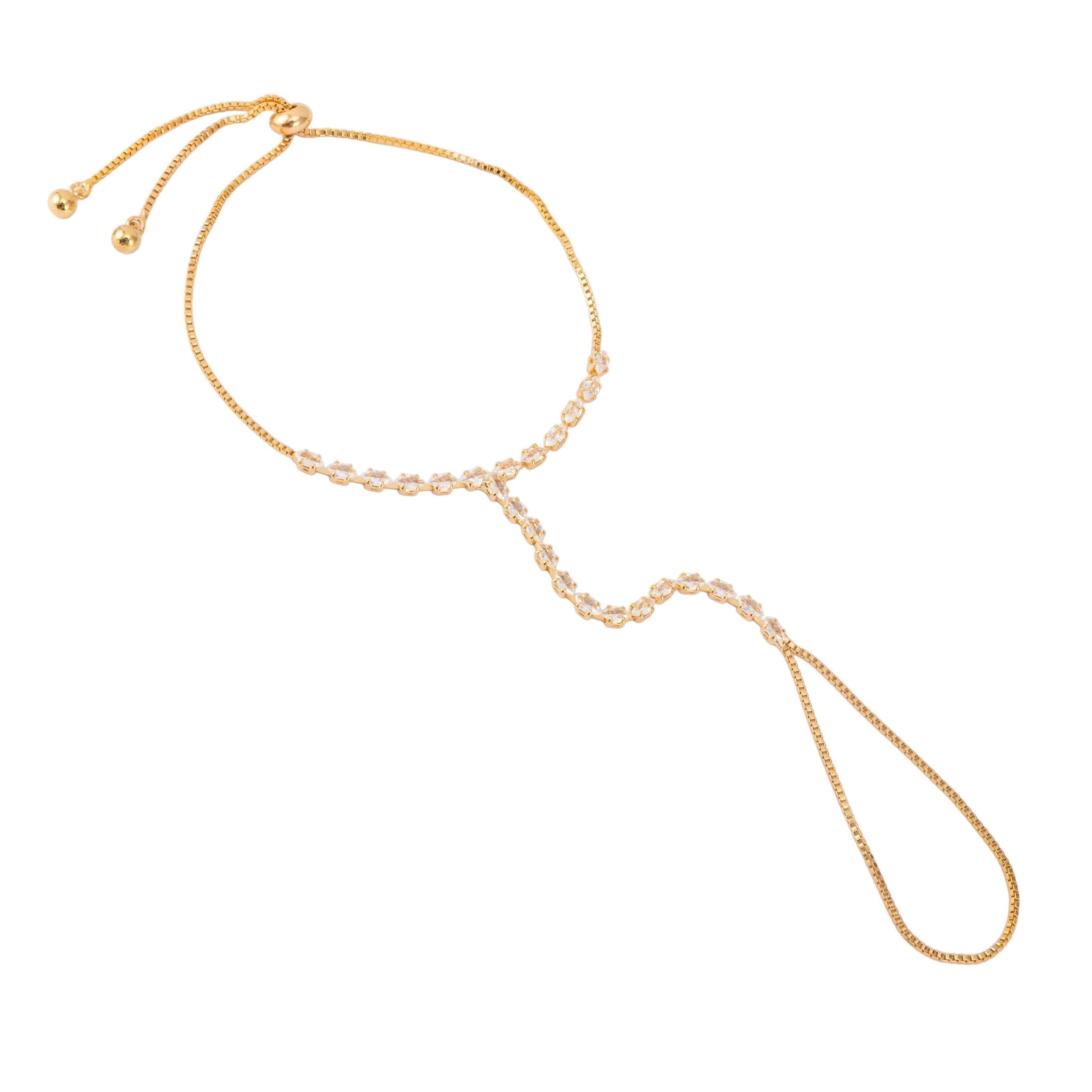 Premium Gold Tone American Diamond Tennis Line Ring Bracelet for Women - Adjustable Continuous AD Stone Hand Harness Hathphool Minimalist Bridal Bangle