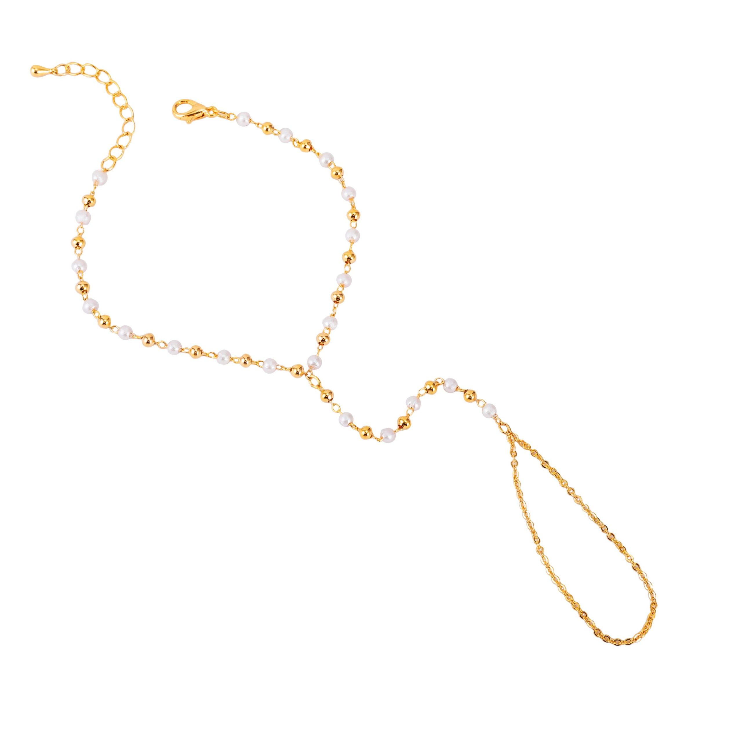Premium Gold Tone Pearl & Beads Ring Bracelet for Women - Adjustable Lightweight Dainty Hand Harness Hathphool Minimalist Multi-Finger Bangle
