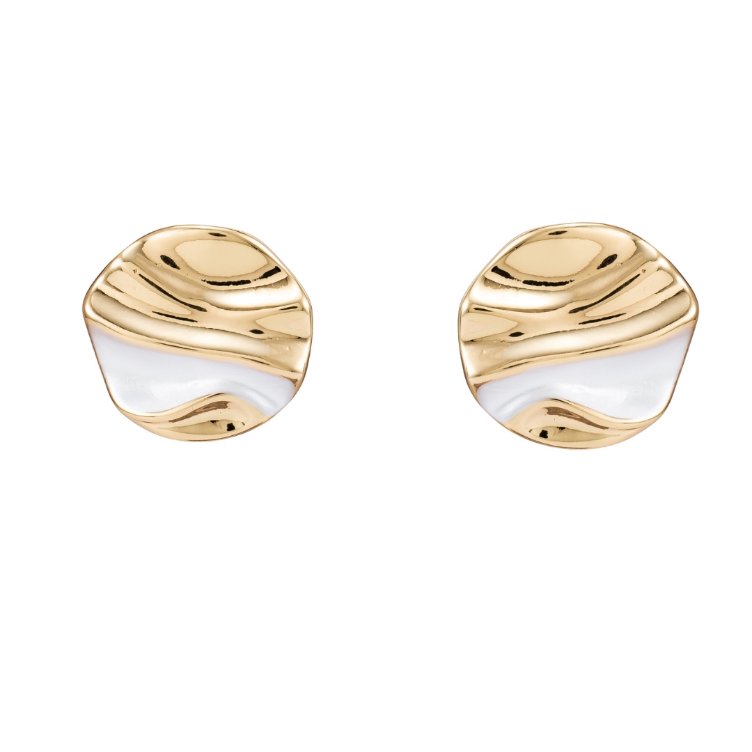 Queralt Abstract Wavy Ripple Stud Earrings - Premium Stainless Steel Gold Tone Waterproof White Enamel Plating Statement Earrings for Women