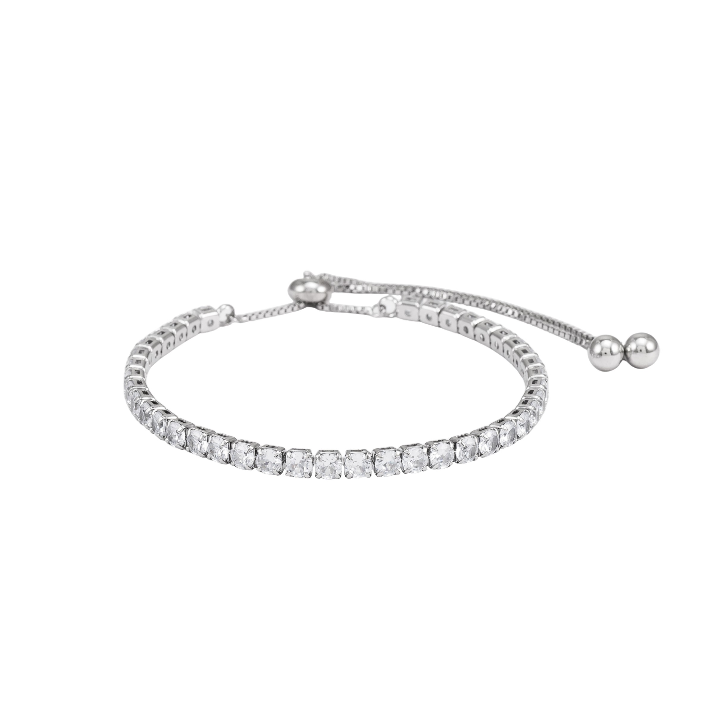 Premium Stainless Steel 4mm American Diamond Tennis Bracelet - Adjustable Waterproof & Sweat-Proof Silver Tone AD Stone Slider Bracelet for Women