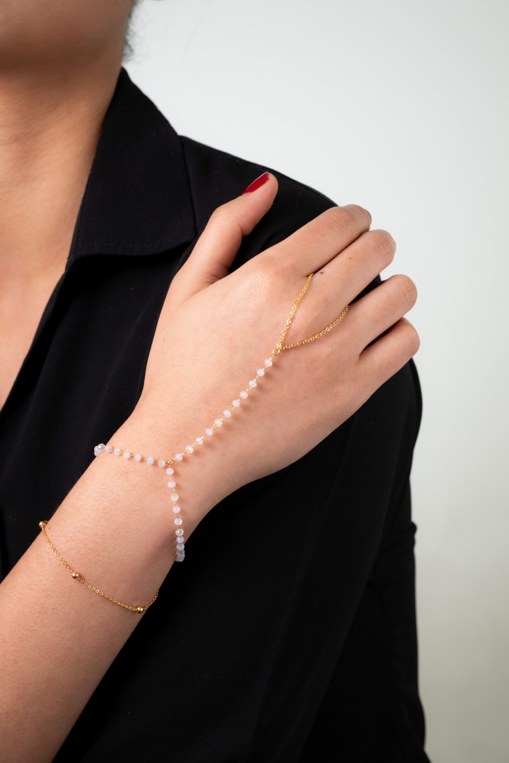Premium Gold Tone Double Layer Crystal Beads Ring Bracelet for Women - Adjustable Lightweight Layered Hand Harness Hathphool Minimalist Boho Bangle