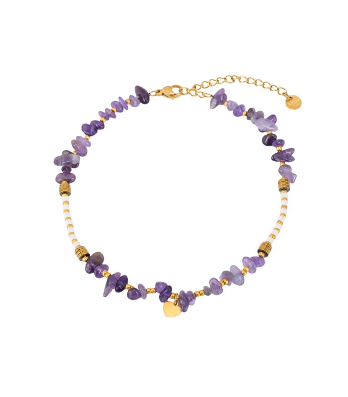 Premium Stainless Steel Natural Stone Chip Beach Wear Bracelet - Adjustable Waterproof & Sweat-Proof Gold Tone Heart Charm Layering Bracelet for Women
