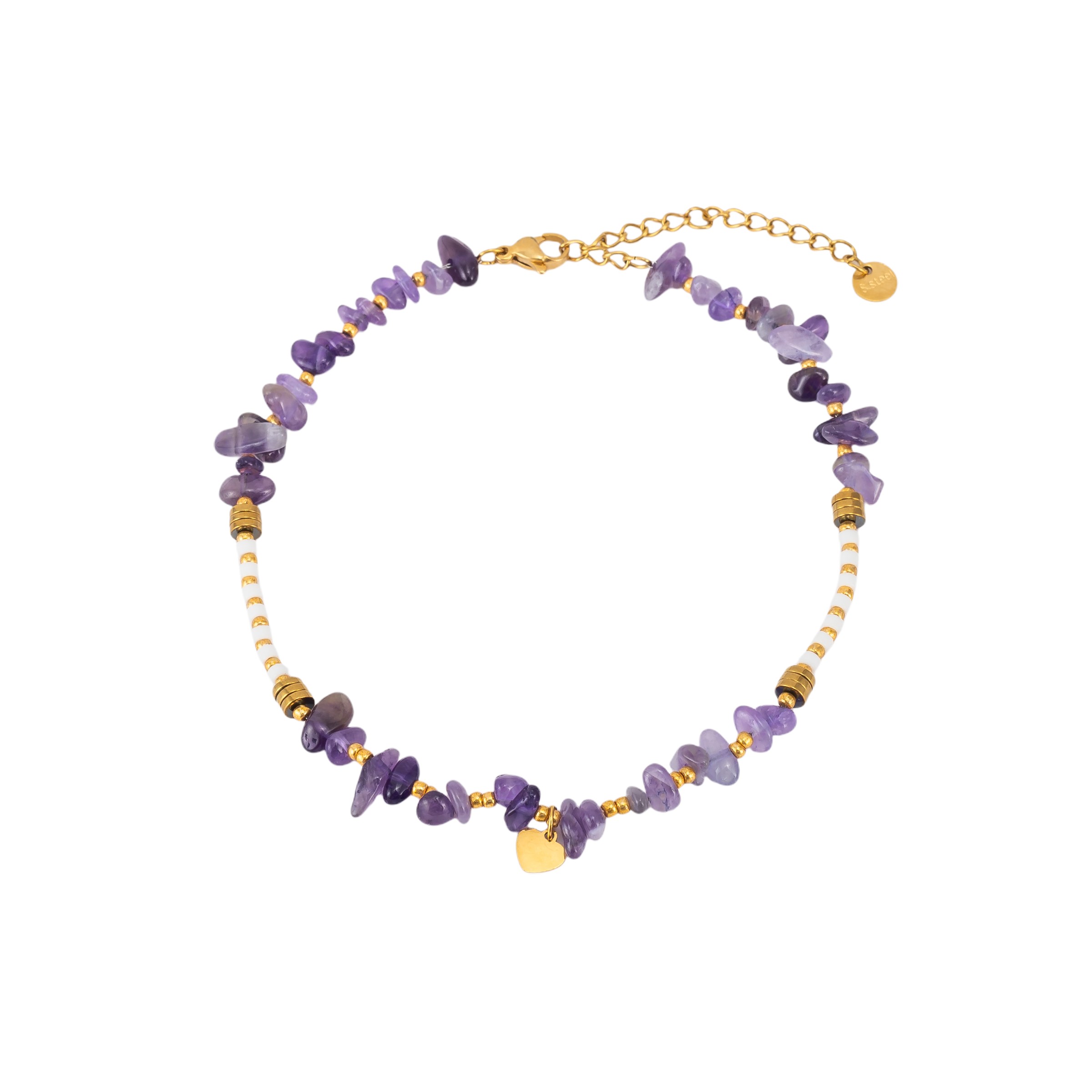 Premium Stainless Steel Natural Stone Chip Beach Wear Bracelet - Adjustable Waterproof & Sweat-Proof Gold Tone Heart Charm Layering Bracelet for Women