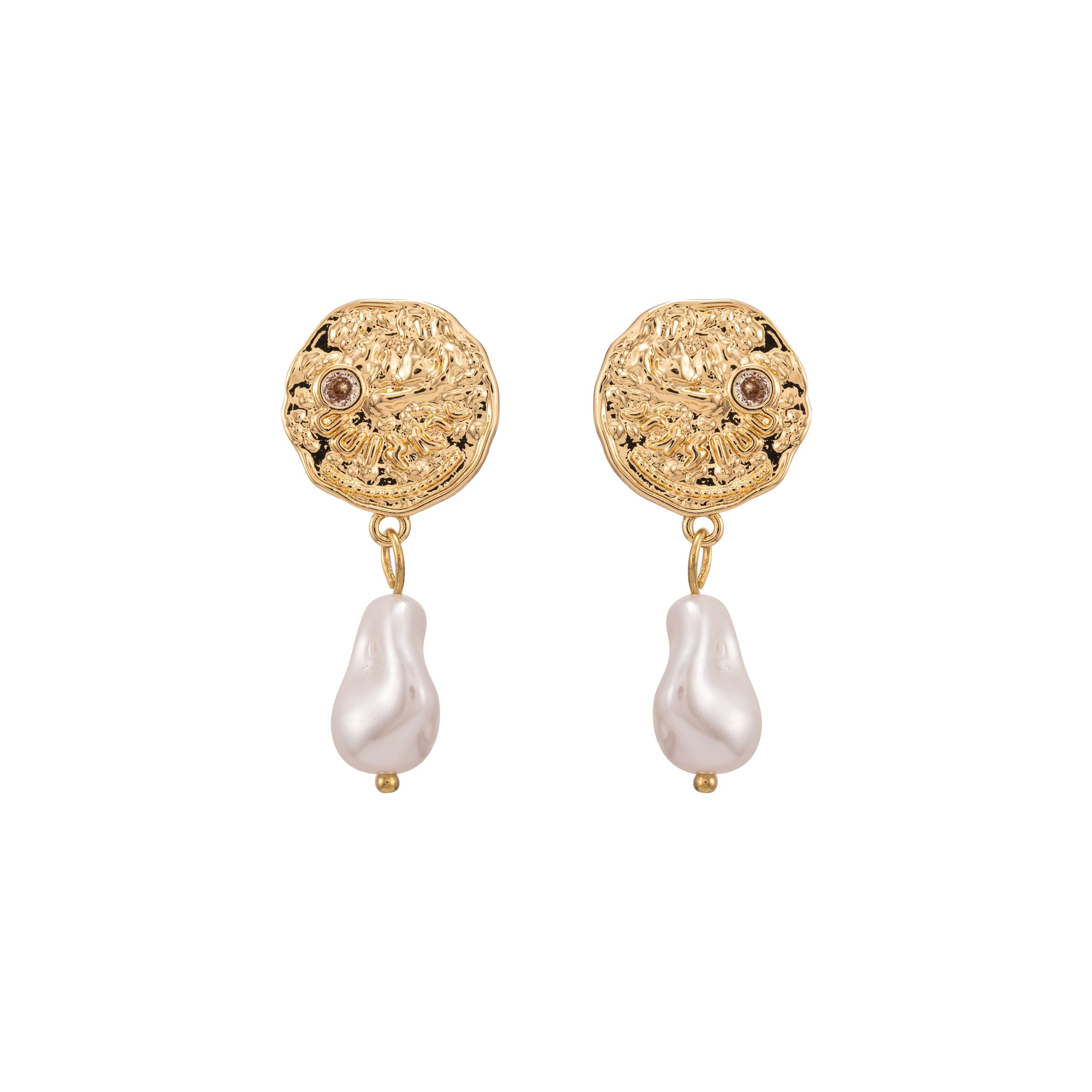 Gold Embossed Coin & Baroque Pearl Drop Earrings