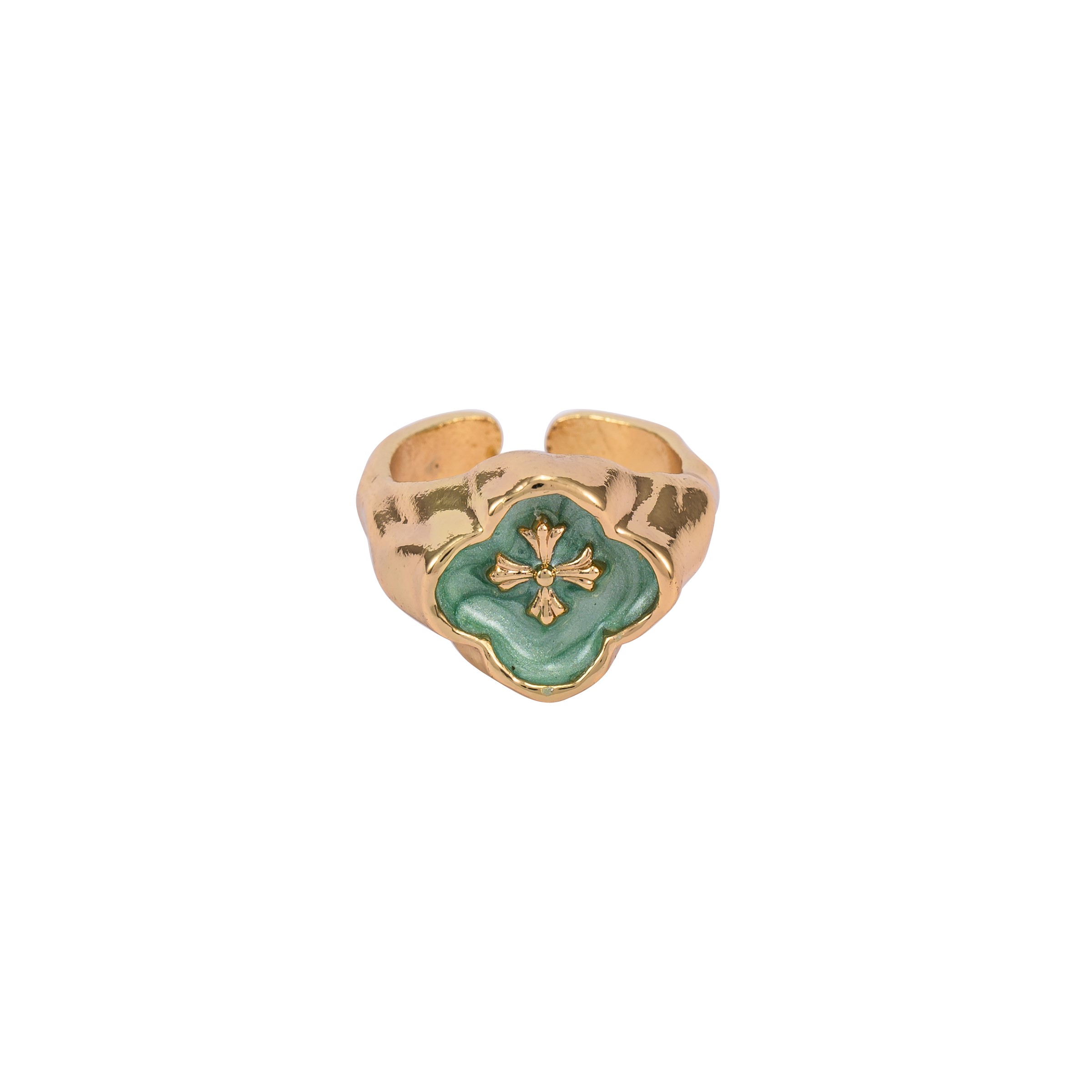 Gold Chunky Signet Ring with Green Enamel Cross