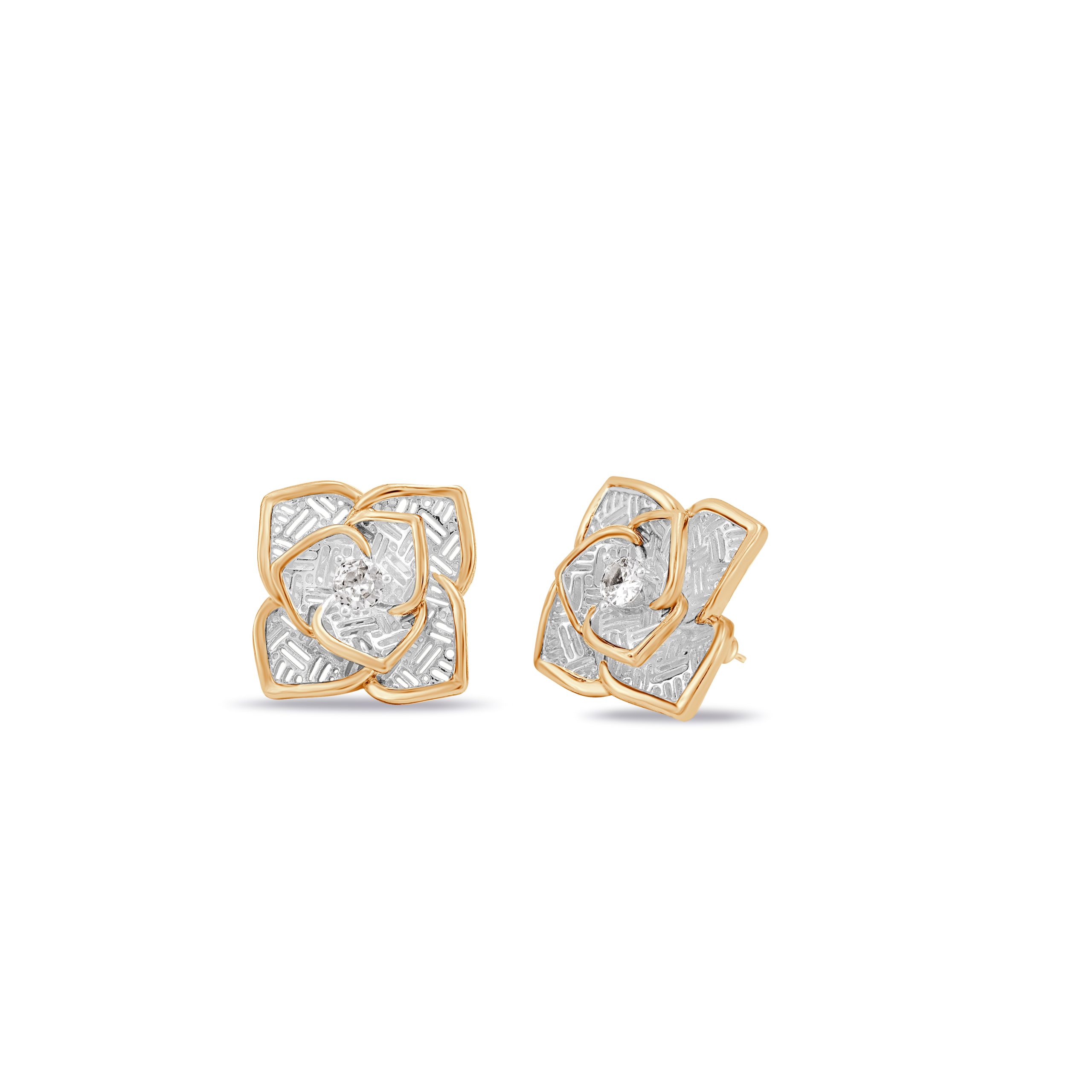 Two-Tone Floral Stud Earrings with Crystal Centre