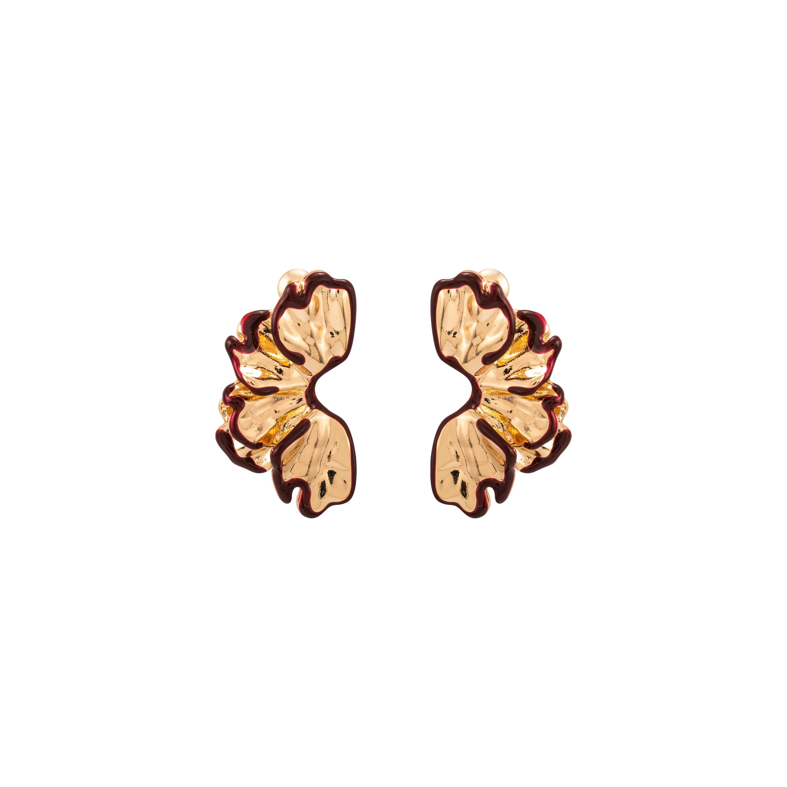 Gold & Burgundy Enamel Petal Stud Earrings