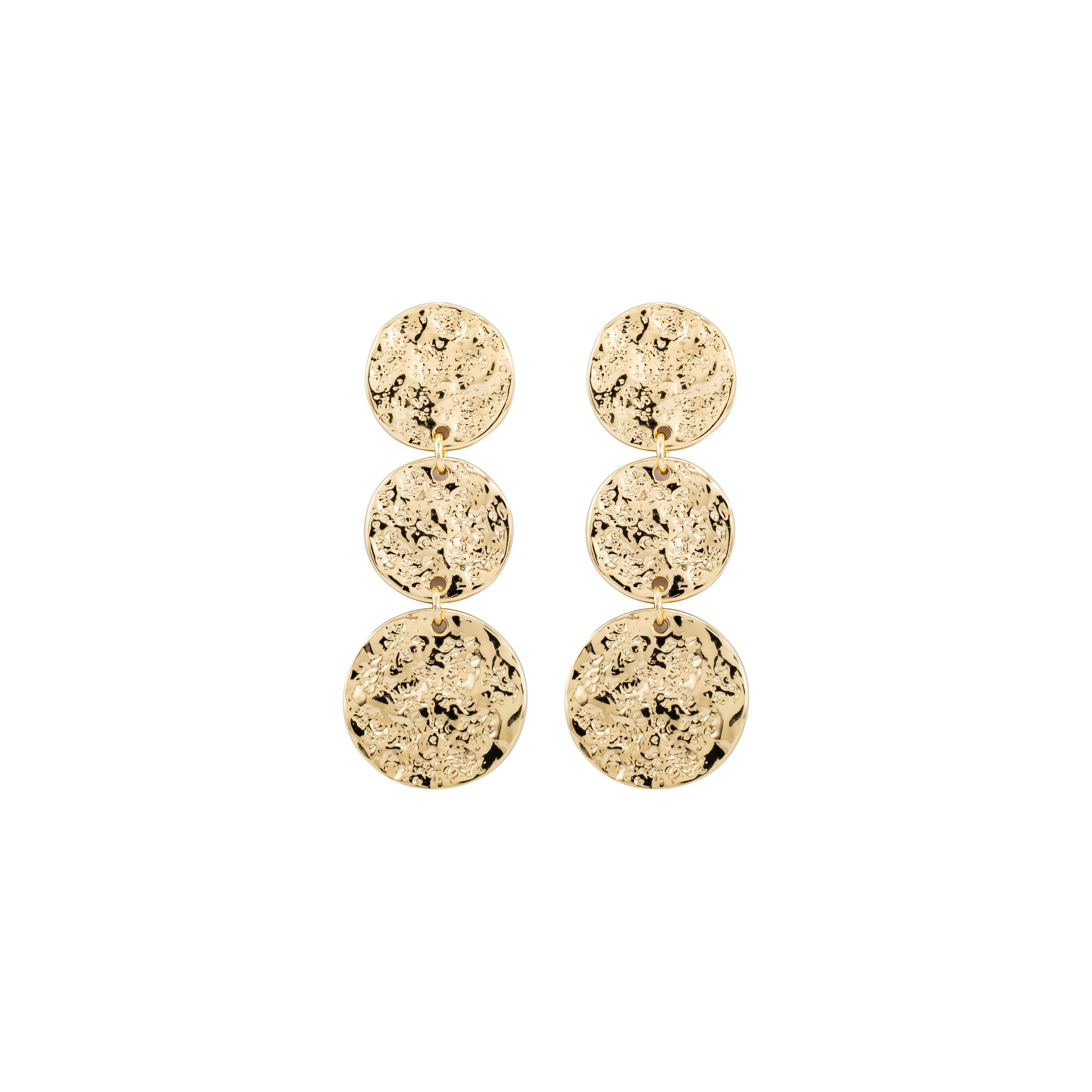 Gold Triple Disc Drop Earrings with Hammered Texture