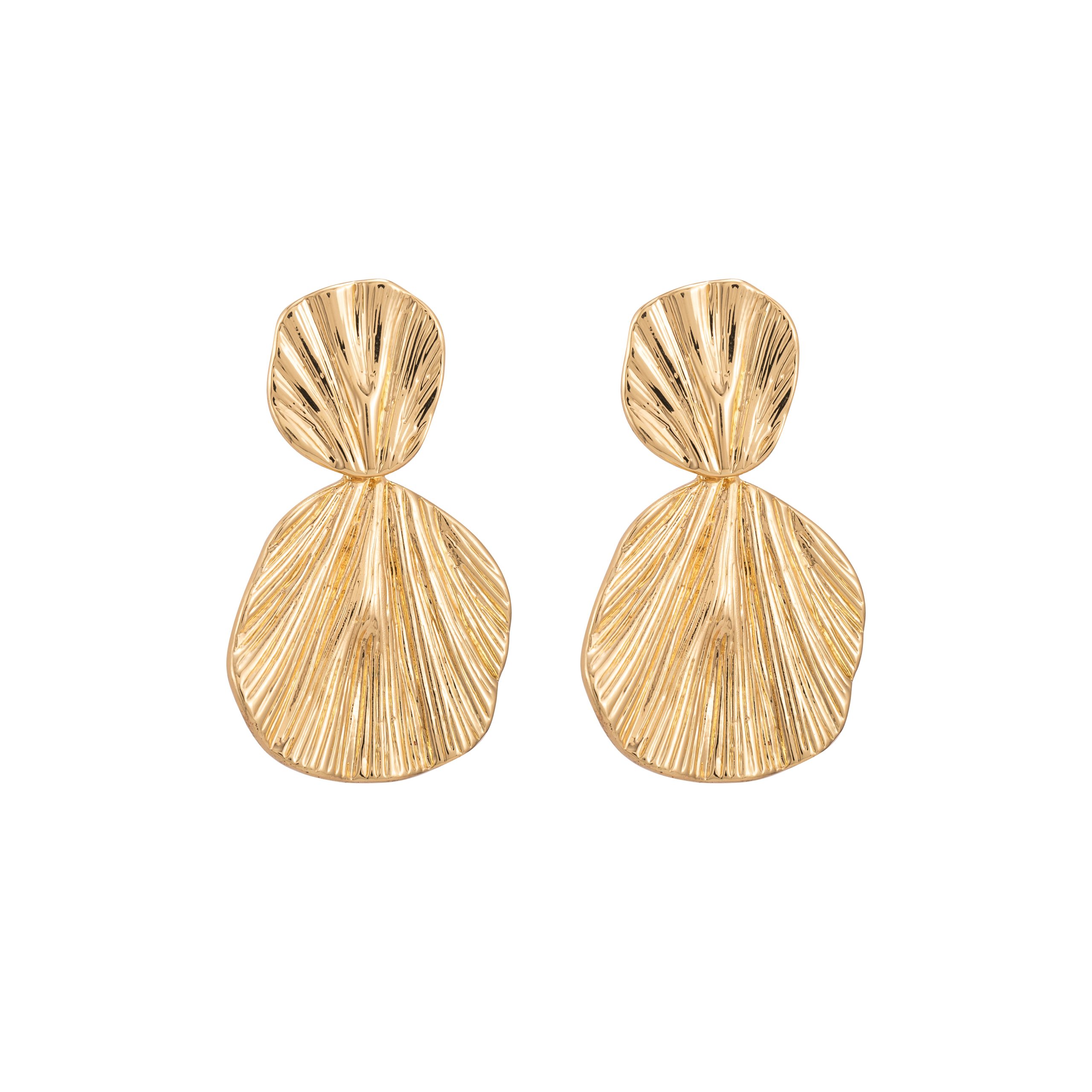Gold Double Petal Radial Textured Drop Earrings
